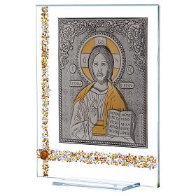 Quadretto Icona Cristo Pantocratore su lamina argento 25x20 cm