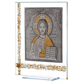 Quadro Ícone Cristo Pantocrator sobre placa de prata 25x20 cm