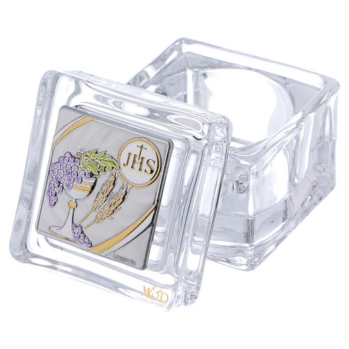 Geschenkidee für Erstkommunion Teelichthalter aus Kristall mit Geschenkbox 5x5x5 cm 2