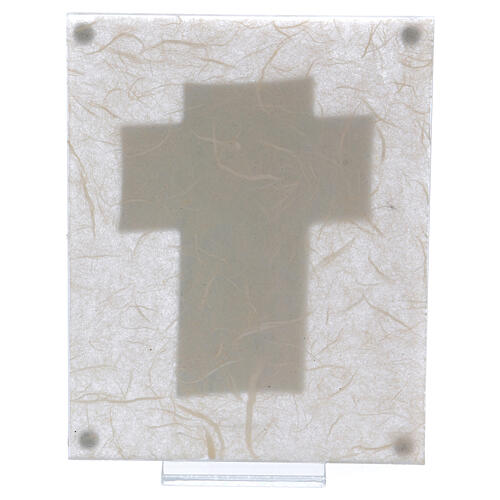 Glass frame ochre background cross with Holy Family 6x4 in 3