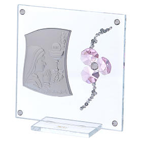 Bombonera Comunión cuadro vidrio y lámina plata trébol rosa 10x10 cm