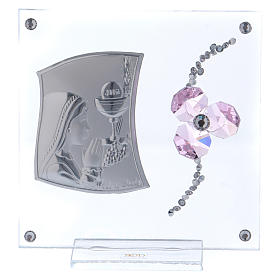 Upominek Komunia obrazek szkło i płytka srebra koniczyna różowa 10x10 cm