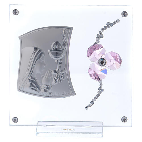 Upominek Komunia obrazek szkło i płytka srebra koniczyna różowa 10x10 cm 1