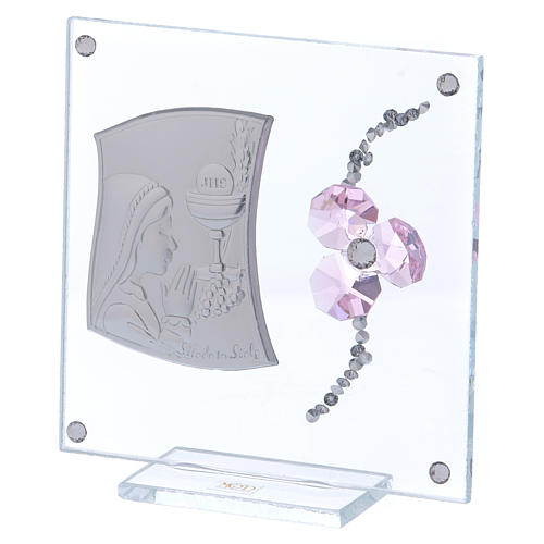 Upominek Komunia obrazek szkło i płytka srebra koniczyna różowa 10x10 cm 2