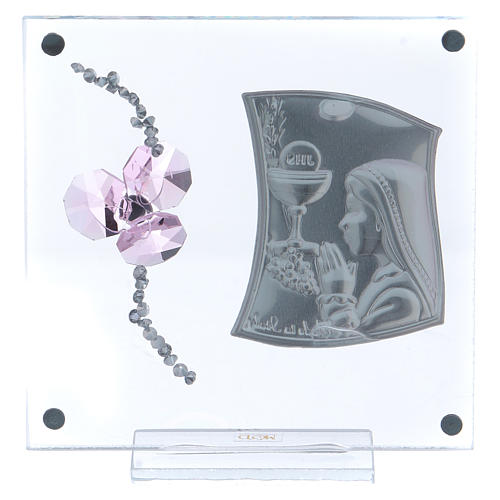 Upominek Komunia obrazek szkło i płytka srebra koniczyna różowa 10x10 cm 3