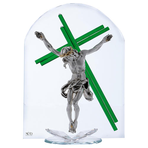 Pomysł na prezent Krzyż zielony kryształ i płytka srebra 30x25 cm 1