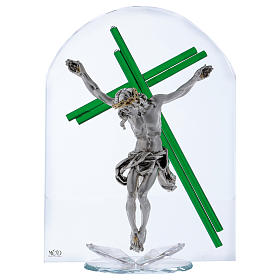 Dica de presente cruz verde cristal e placa prata 30x25 cm