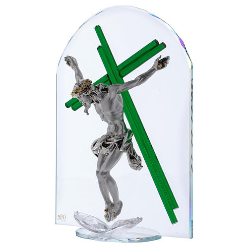 Dica de presente cruz verde cristal e placa prata 30x25 cm 2