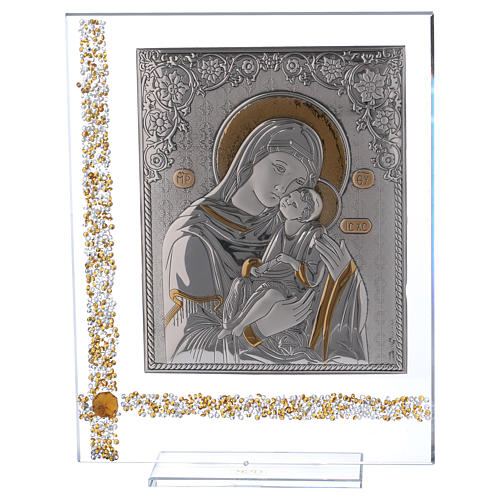 Quadro icona Maria con Gesù Bambino su lamina argento 25x20 cm  1