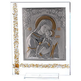 Virgin Mary with Child icon of silver foil glass frame 10x8 in