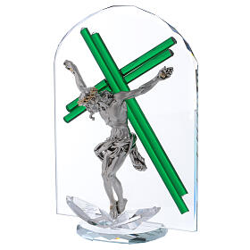 Kruzifix vor Bogen aus Glas und Kristall, 25x15 cm