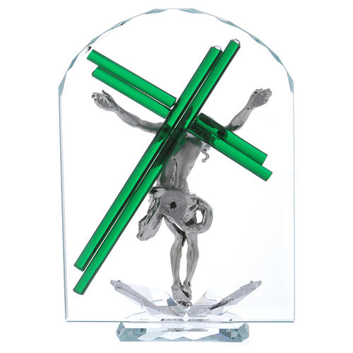 Crucifixo sobre arco vidro e cristal 25x15 cm 3