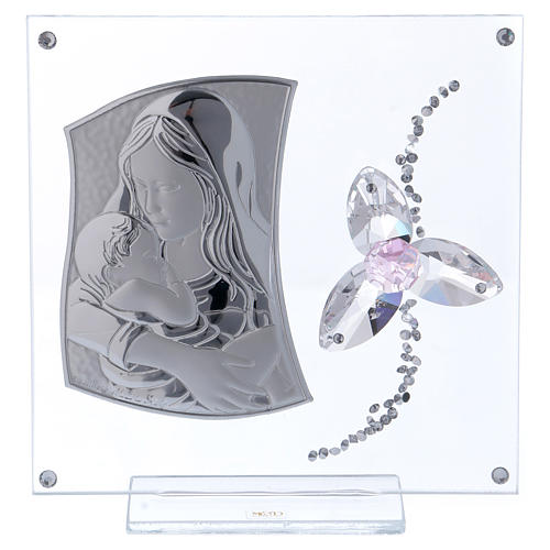 Cuadrito regalo para Bautismo con flor rosa vidrio y cristal 15x10 cm 1
