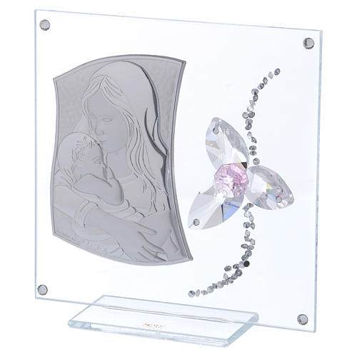Cuadrito regalo para Bautismo con flor rosa vidrio y cristal 15x10 cm 2