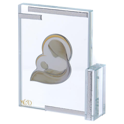 Kristall Bild Gottesumtter mit Kind auf Silber Platte 10x10cm 2