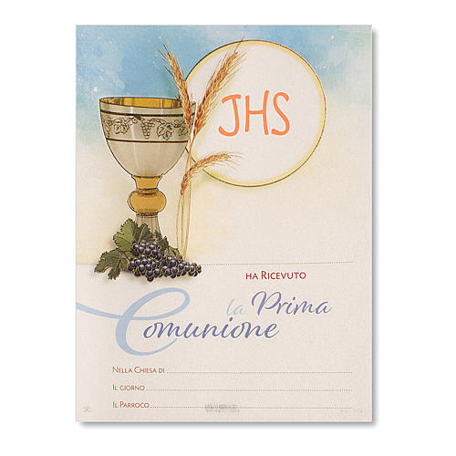 Pergamena Comunione Simboli Eucaristici Calice Uva e Spighe 24x18 cm 1