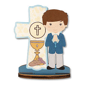 Gastgeschenk Kommunion bedrucktes Kreuz aus Holz mit Jungen, 10x7 cm