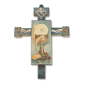 Kreuz Erstkommunion mit Diplom und den Symbolen der Eucharistie, 13,5x9,5 cm