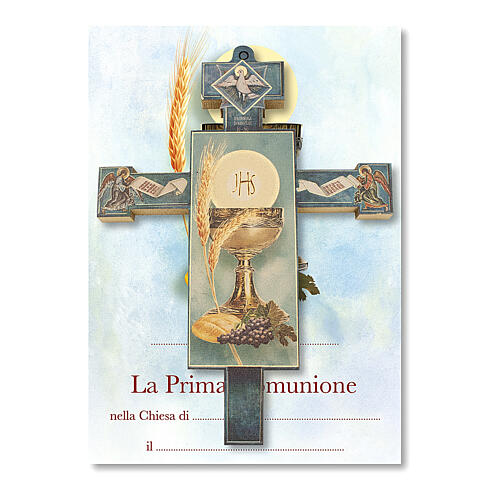 Kreuz Erstkommunion mit Diplom und den Symbolen der Eucharistie, 13,5x9,5 cm 1
