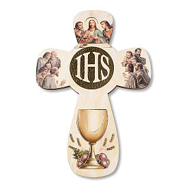 Kreuz Erstkommunion mit Diplom und den Symbolen der Eucharistie 14x9,5 cm
