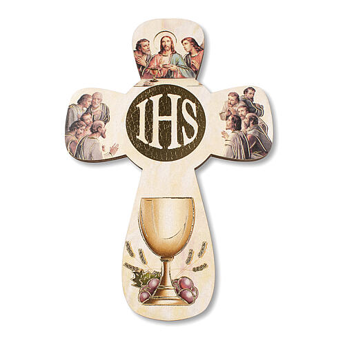 Kreuz Erstkommunion mit Diplom und den Symbolen der Eucharistie 14x9,5 cm 2