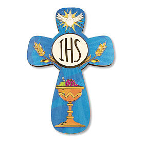 Kreuz Kommunion mit Diplom Heiliger Geist und Symbole der Eucharistie, 14x9,5 cm