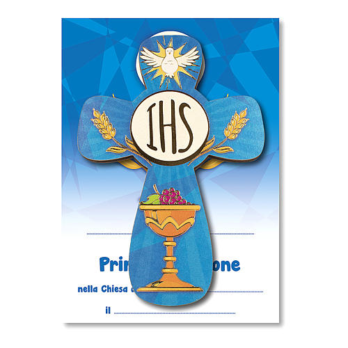 Krzyż pamiątka Pierwszej Komunii dyplom Duch Św. i Symbole Eucharystyczne 14x9,5 cm 1
