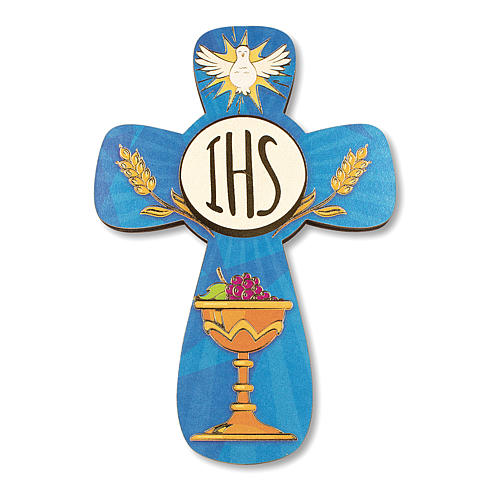 Krzyż pamiątka Pierwszej Komunii dyplom Duch Św. i Symbole Eucharystyczne 14x9,5 cm 2