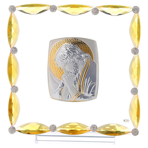 Cadre avec cristaux ambre et feuille argent Christ 20x15 cm