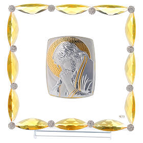 Obrazek Chrystus z kryształami bursztynowymi i blaszką srebrną 20x15