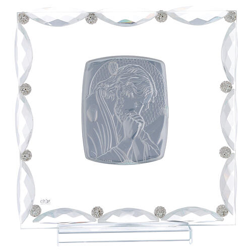 Cuadrito con cristales transparentes y lámina plata Cristo 20x15 3