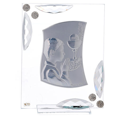 Standing ornament boy Holy Communion double laminated silver and white crystals 6x4 in 1