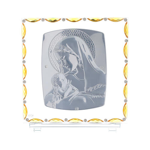 Virgen con niño lámina plata vidrio y cristales 30x30 cm 3