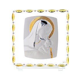 Matka Boża z Dzieciątkiem srebrny laminat szkło i kryształki 30x30 cm