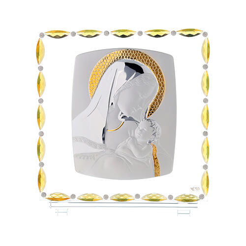 Matka Boża z Dzieciątkiem srebrny laminat szkło i kryształki 30x30 cm 1