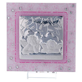 Quadro anjos Rafael cor-de-rosa prata bilaminada vidro Murano 12x12 cm
