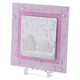 Quadro anjos Rafael cor-de-rosa prata bilaminada vidro Murano 12x12 cm