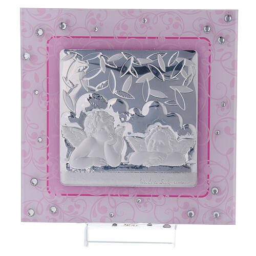 Quadro anjos Rafael cor-de-rosa prata bilaminada vidro Murano 12x12 cm 1