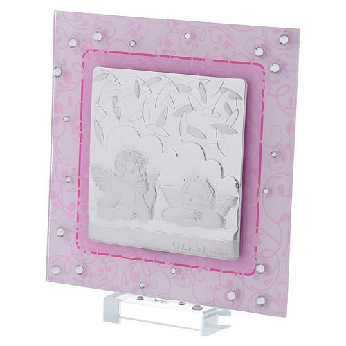 Quadro anjos Rafael cor-de-rosa prata bilaminada vidro Murano 12x12 cm 2