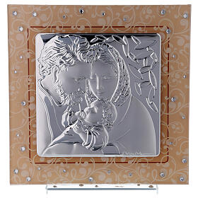 Amber-coloured Murano glass picture, Holy Family, silver bi-laminate, 17x17 cm