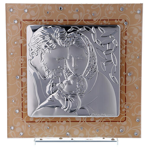 Quadro Sagrada Família prata bilaminada vidro Murano âmbar 17x17 cm 1