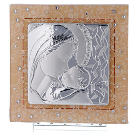 Amber-coloured Murano glass picture, Maternity, silver bi-laminate, 17x17 cm