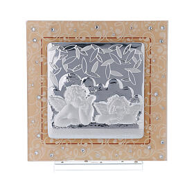 Amber-coloured Murano glass picture, Raphael's angels, silver bi-laminate, 17x17 cm
