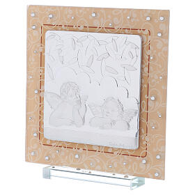 Amber-coloured Murano glass picture, Raphael's angels, silver bi-laminate, 17x17 cm