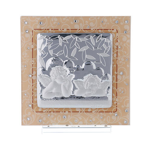 Obrazek Aniołki srebro szkło Murano kolor bursztynowy stras 17x17 cm 1
