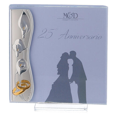 Porta-fotografia com alianças 25 anos de casamento lâmina prata 10x10 cm 1