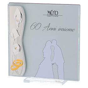 Ramka na zdjęcie 60 lat małżeństwa, srebrny laminat 10x10 cm, obrączki i kalie
