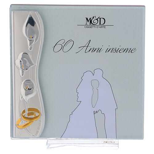 Ramka na zdjęcie 60 lat małżeństwa, srebrny laminat 10x10 cm, obrączki i kalie 1