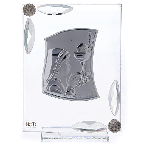 Holy Communion gift for girl, glass ornament, silver bi-laminate, 10x7 cm 1