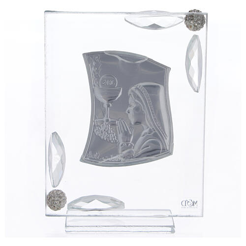 Holy Communion gift for girl, glass ornament, silver bi-laminate, 10x7 cm 3